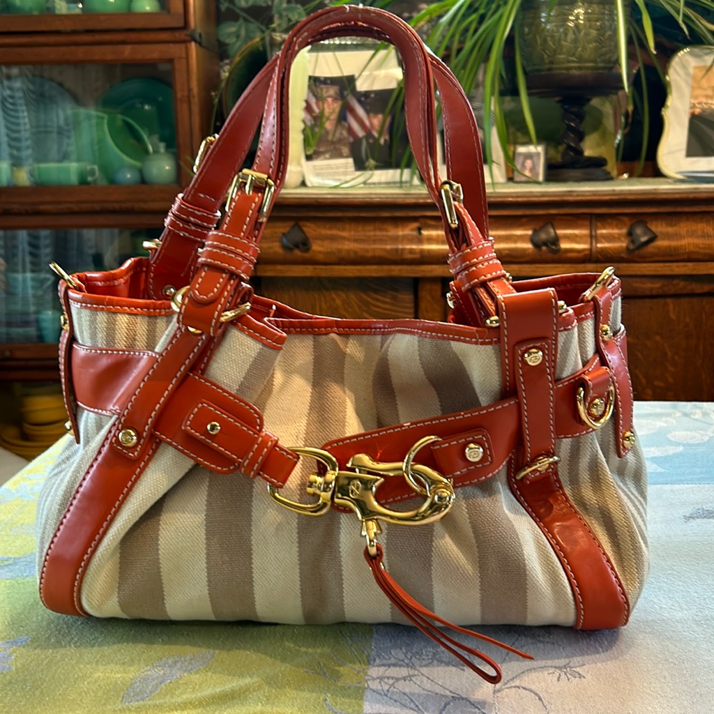 Francesco Biasia Cream & Tan Striped Canvas Bag With Orange Leather Trim